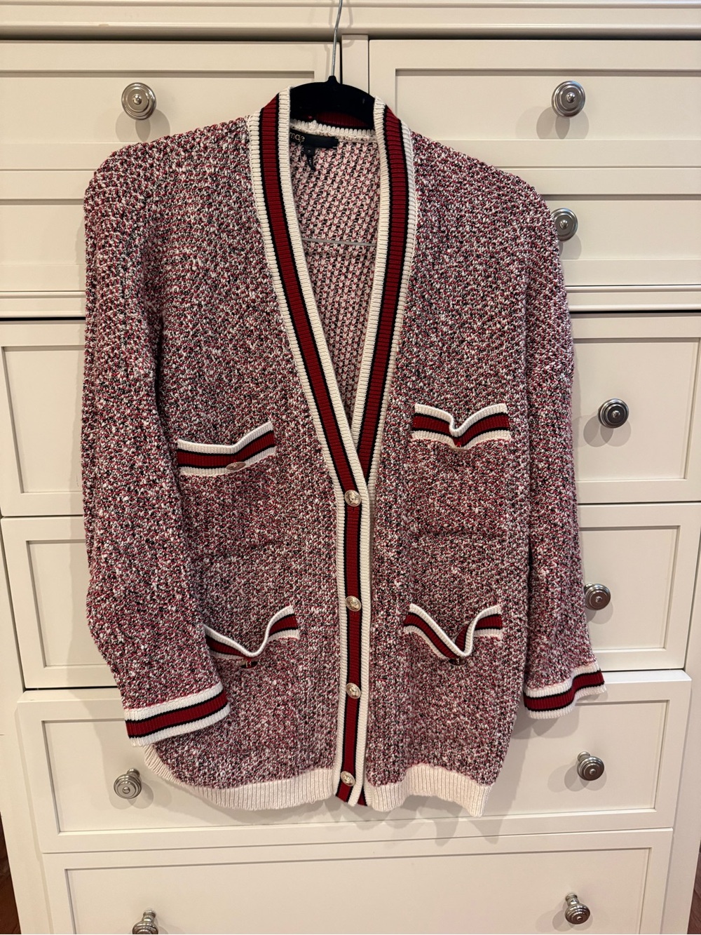 Medium Maje Red and White Bouclé Knit Cardigan